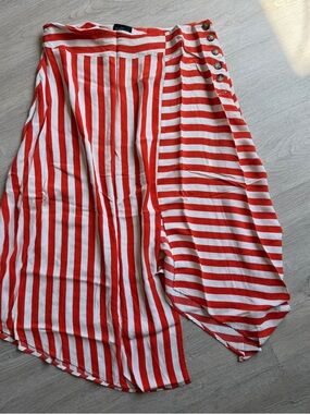 Topshop Red and White Striped Asymmetrical Midi Skirt